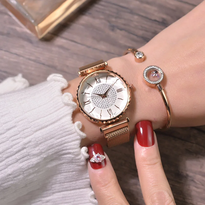 rose gold Роскошные часы для женщин браслет магнитная сетка ремешок горный хрусталь наручные часы новые женские Алмазные кварцевые наручные часы feminino - Цвет: rose gold