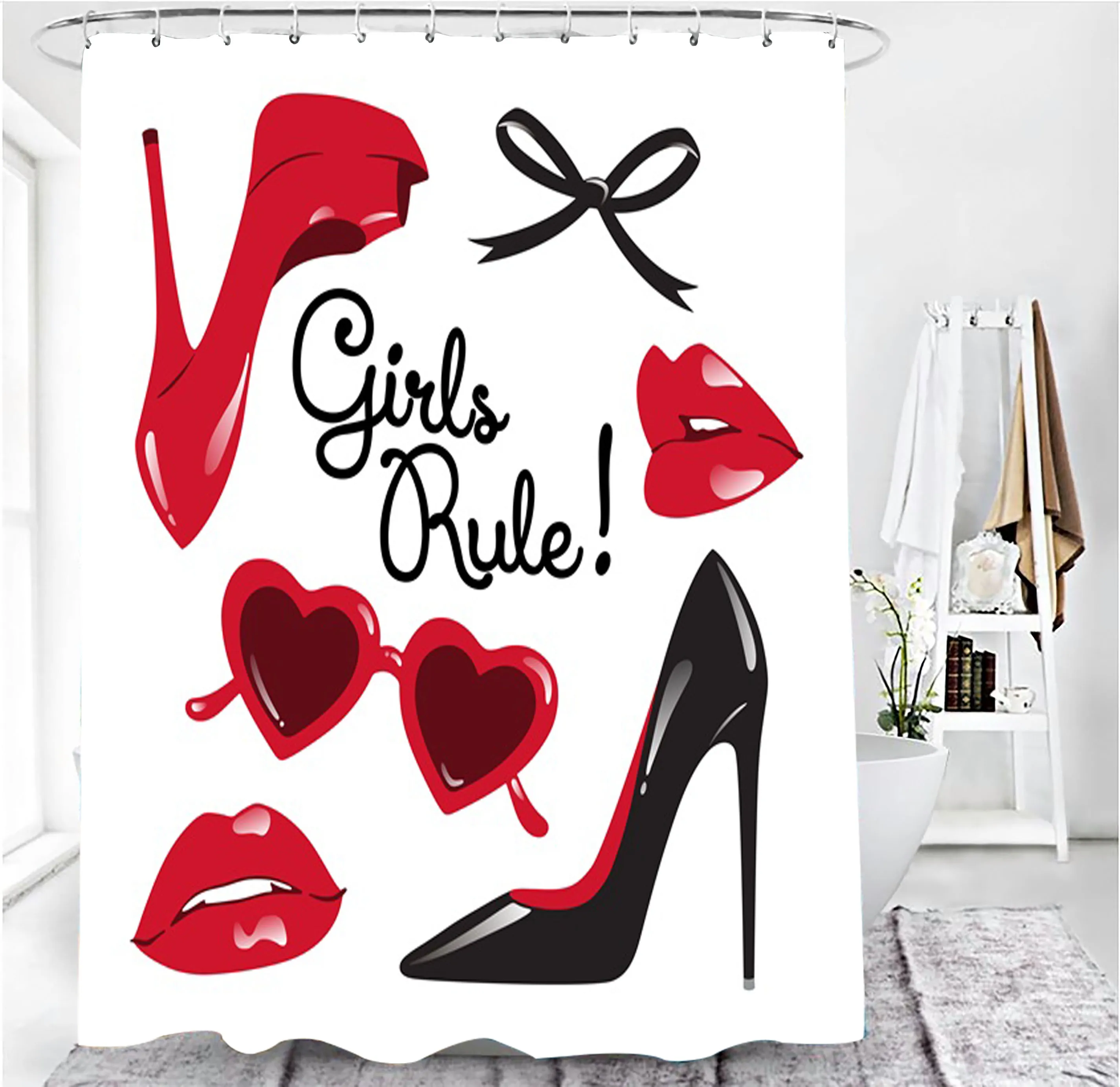 

Red High Heels Print Shower Curtains Set Cosmo Lady Style Waterproof Bath Mats Rugs for Bathroom Soft Lid Cover Home Decoration
