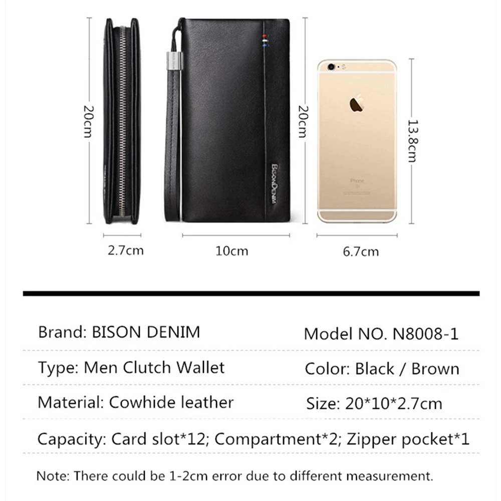 Мужской кошелек BISON DENIM черный длинный деловой клатч из натуральной кожи 2019 |