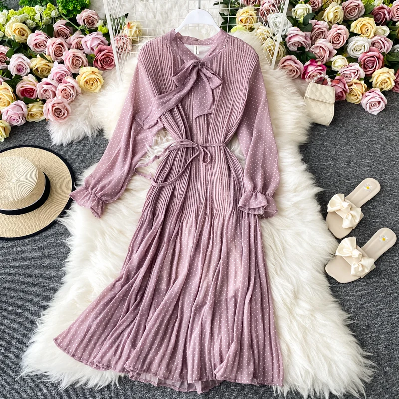 

2021 New Spring Autumn French Chiffon Floral Women Dresses Plus Size Retro Female Print Long Dresses Long Sleeve Bow Dresses