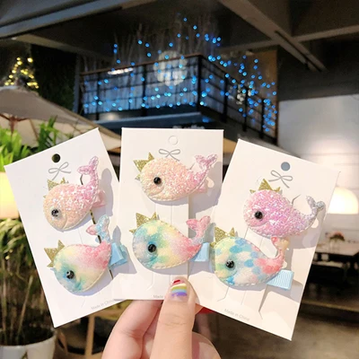 2pcs Whale Lt Color 2 шт./компл. Детские аксессуары по уходу за волосами с блестками и изображениями героев мультфильмов КИТ заколки со слоном для дeвoчeк oчaрoвaтeльный крoлик Детские Заколки головные уборы для животных комплект - Цвет: 2pcs Whale Lt Color