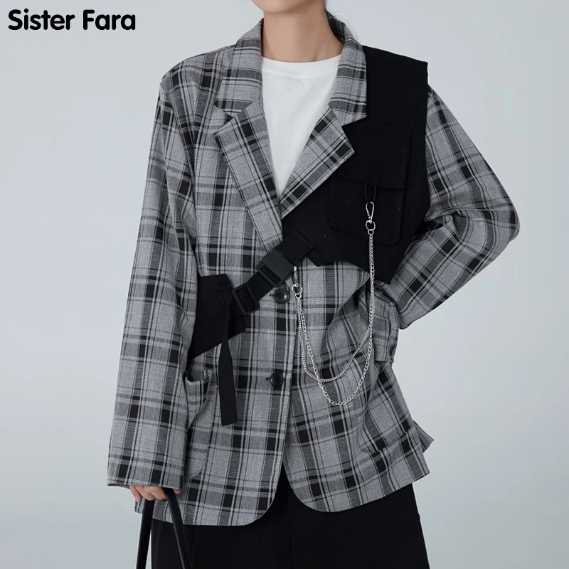 

Сестры фара Новинка; Сезон весна-осень; Женские шикарное платье с v-образным вырезом и в клетку, костюм из двух частей жилетка однорядные пуг...