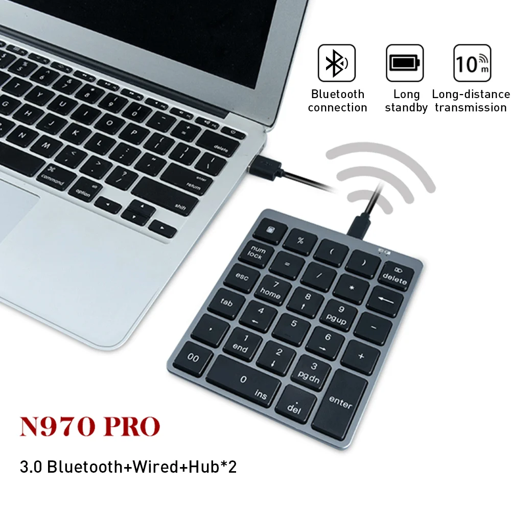 

Wireless Bluetooth Numeric Keypad Dual Modes N970 28 Keys with USB HUB Mini Number Keyboard for Notebook Desktop
