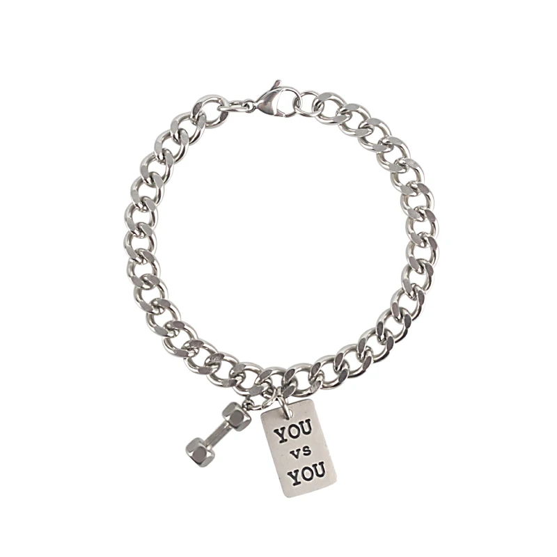 

HANGZHI 20SS New Punk Hip Hop Design Sports Fitness Dumbbell Bracelet Square Card Chain Bracelet For Women Men Girls Gym Jewelry
