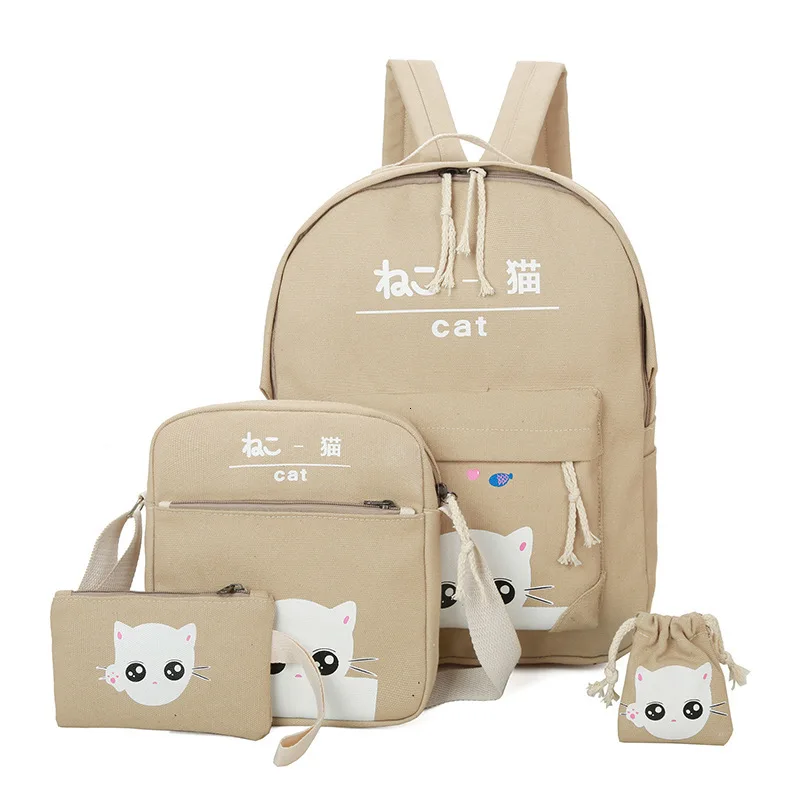 Fashion Cartoon Kitten backpack for ladies High quality canvas school bag for teen girls College 4pcs/set school backpacks
