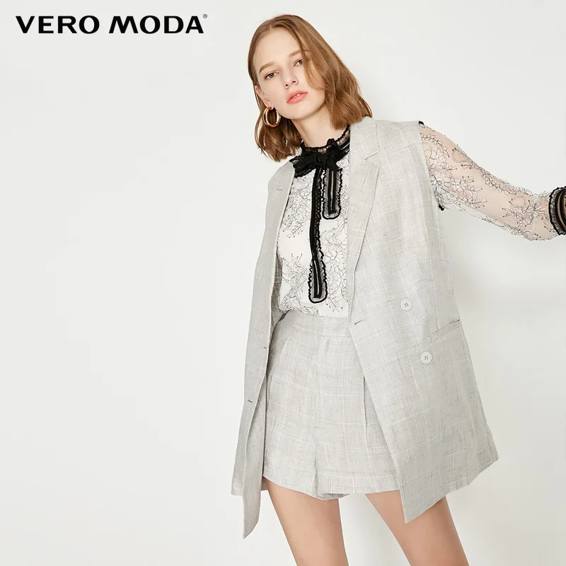 Vero Moda женский двубортный костюм средней длины с воротником льняной жилет без