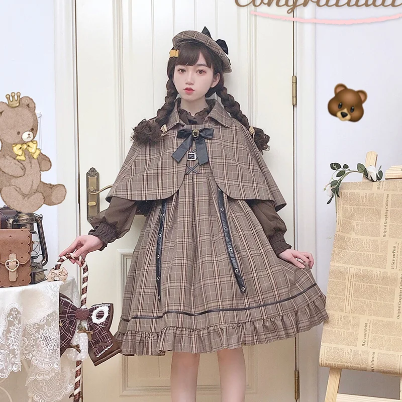 

Lolita Set Jsk Dress Cloak British Style Lolitas Outfit Plaid Cape Sling Lolita High Waist Jk Girls Cute Kawaii Japanese Cosplay