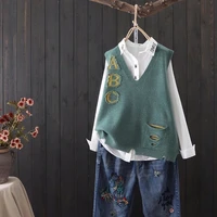 2021 spring autumn korean womens v neck knitted vest loose hole letter girl vest for college students casual sweater green