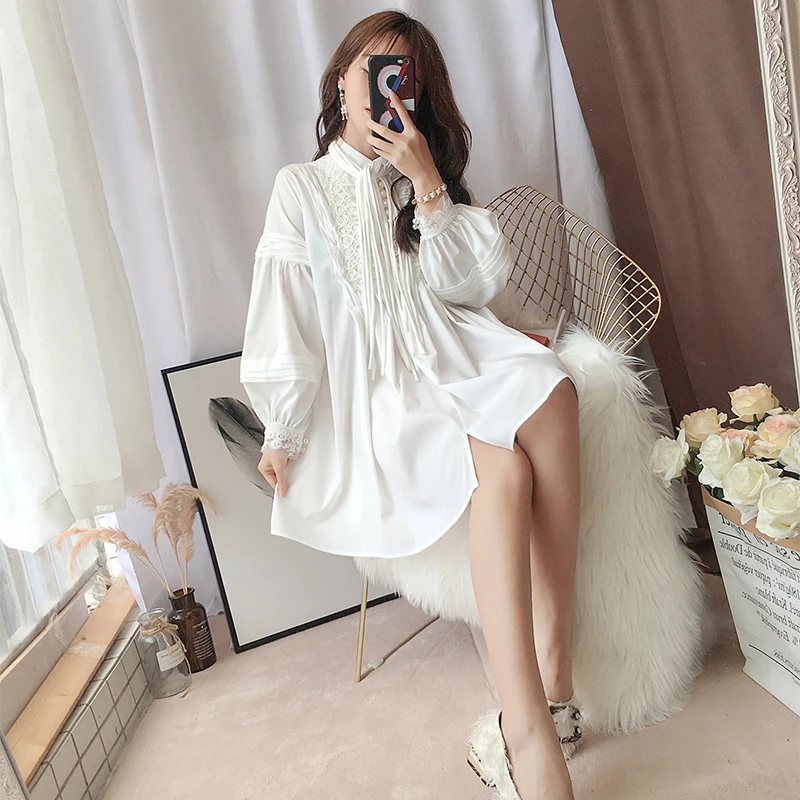 Autumn dress 2019 female very fairy French minority court lantern sleeves loose chiffon nail bead shirt skirt | Женская одежда