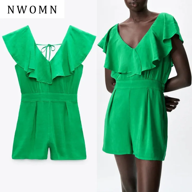 

NWOMN Summer Female Jumpsuit Za 2021 Ruffle Green Woman Short Playsuit Short Sleeve Backless Jumpsuit Women Casual Combishort