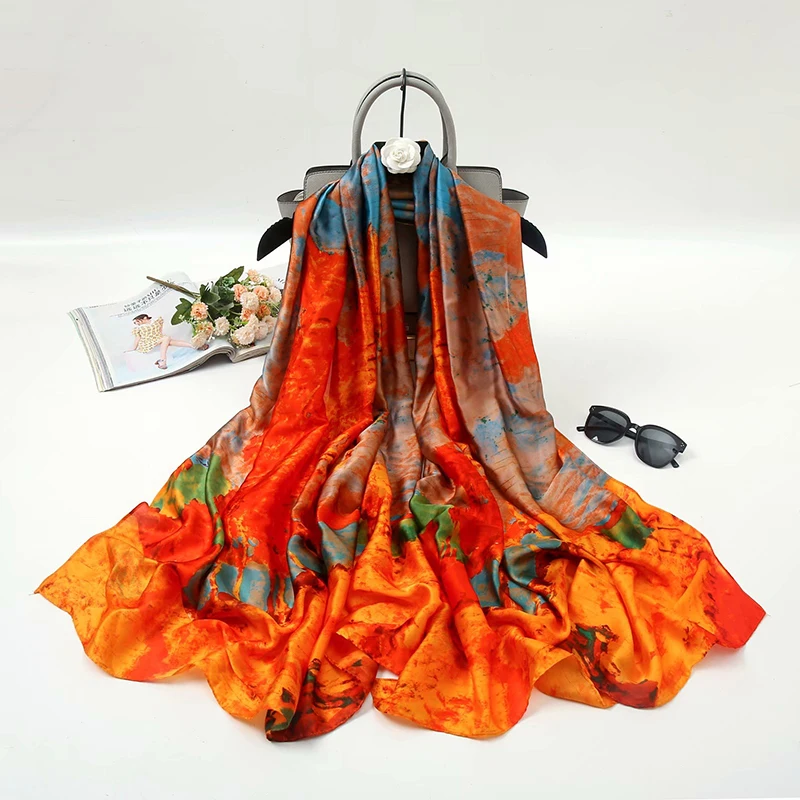 

Smooth Silk Scarf for Women Floral Print Elegant Pashmina Scarfs Female Foulard Hijab Luxury Shawls Beach Lady Stoles Scarves