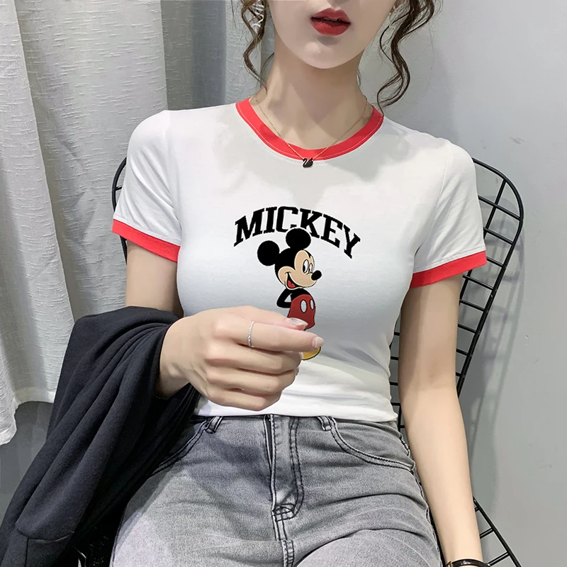 

Mickey Mouse T-shirt Female Slim Summer Dress New Tights Cotton Bottoming Shirt Women Tshirt Harajuku Shirt Short Sleeve Kawaii