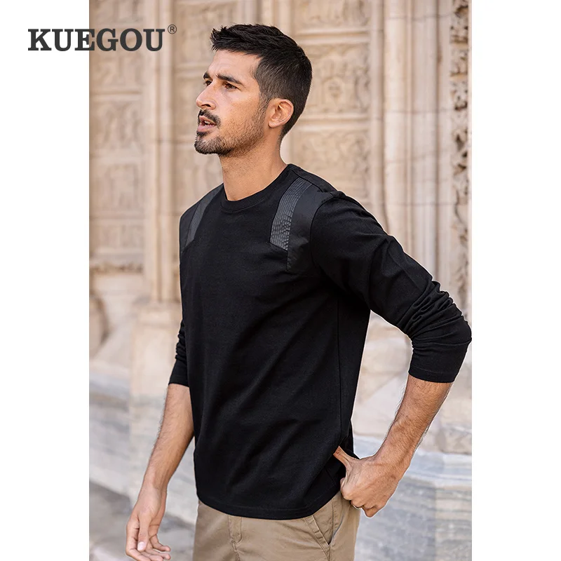 

KUEGOU 2022 Autumn New Men T-shirt Long Sleeve Fashion 100% Cotton Tshirt Shoulder Patchwork Streetwear Top Plus Size 60046