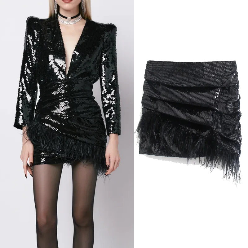 

Женская ассиметричная мини-юбка Za, повседневное плиссированное платье с перьями, блестками и высокой талией в стиле ретро