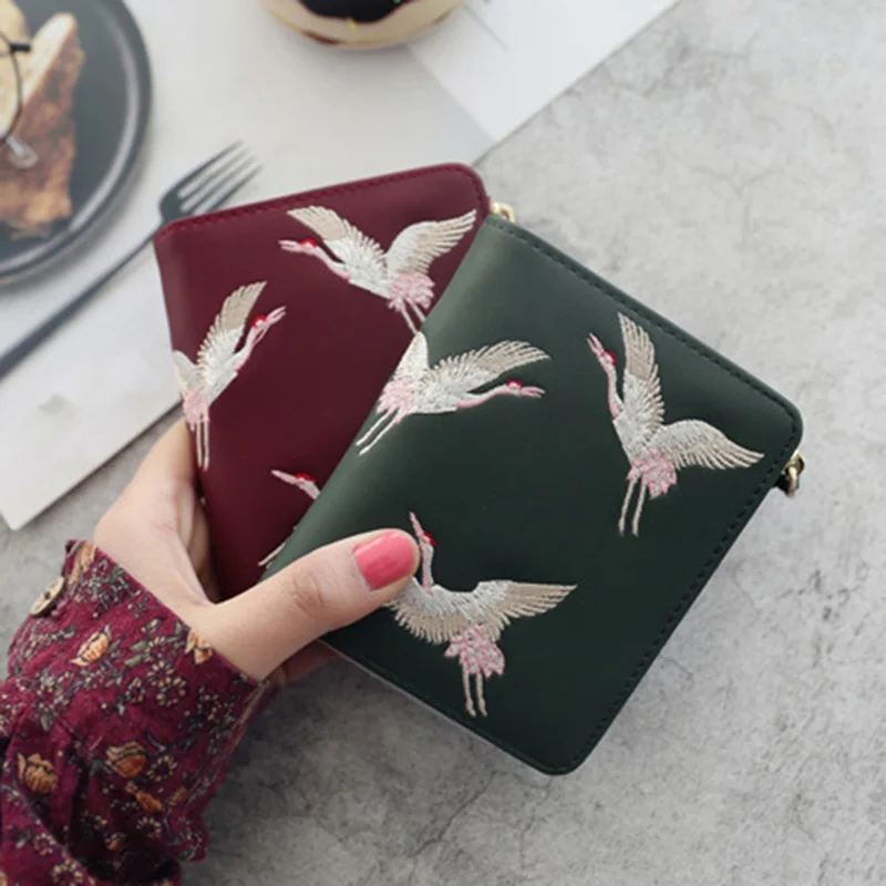 

Women Leather Wallet Purses Female Cranes Embroidered Short Coin Zipper Purse Cards Holder -OPK