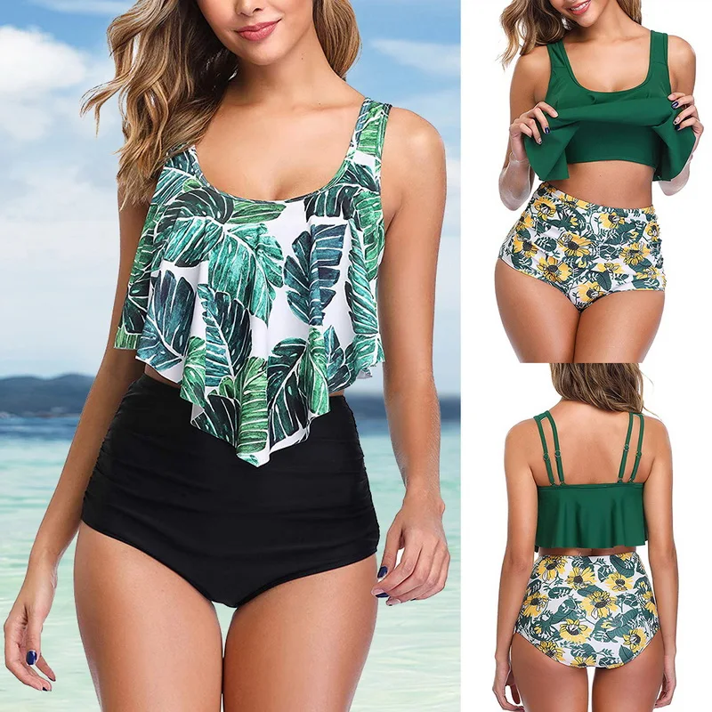 S-2XL Plus Size Women Swimwear Bikini 2020 Sexy Retro Ruffle Set Floral Print Tankini Push Up Swimsuit Mujer Bathing Suit | Женская