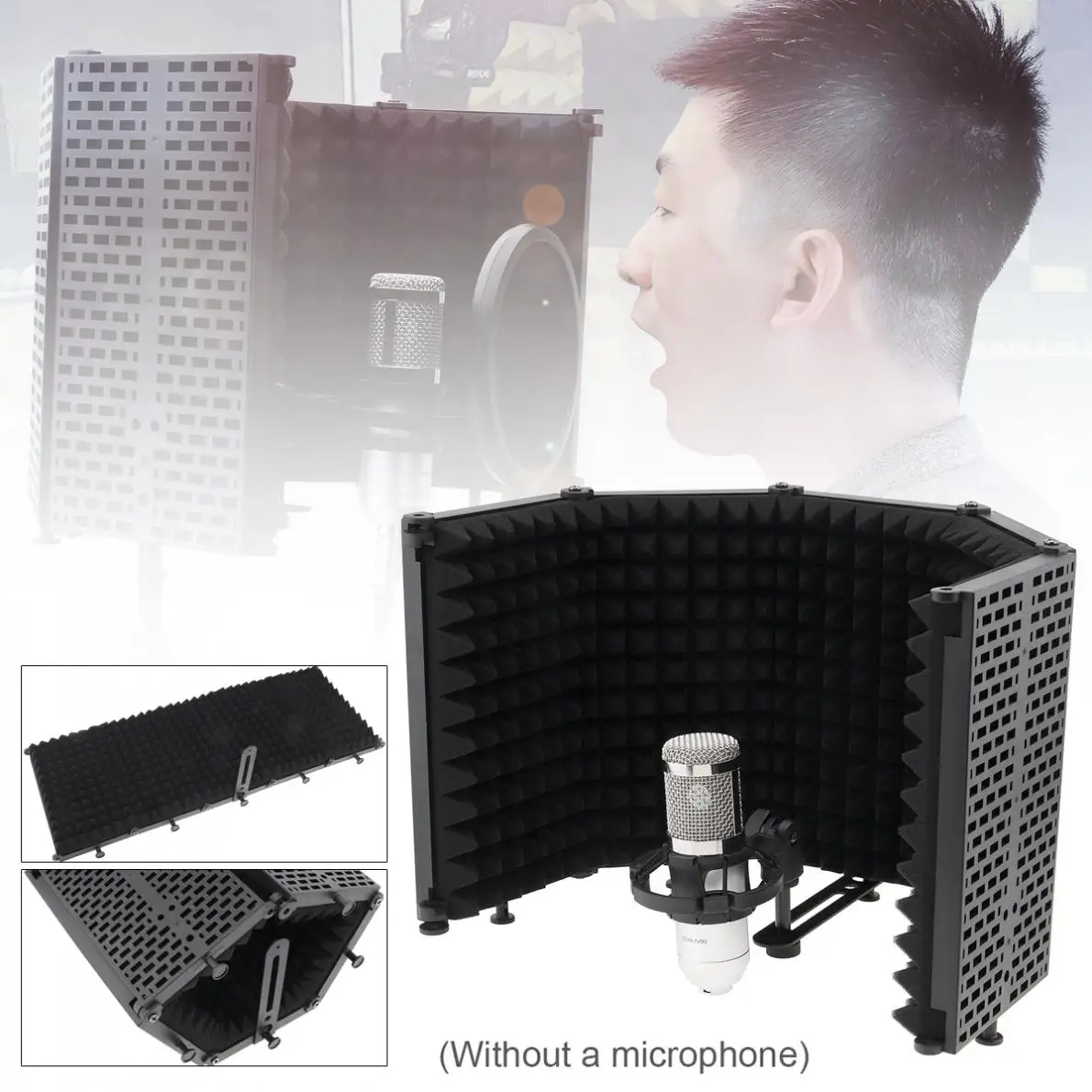 

Metal / Plastic Microphone Isolation Shield 3 / 5-Panel Wind Screen High Density Absorbing Foam Live Broadcast
