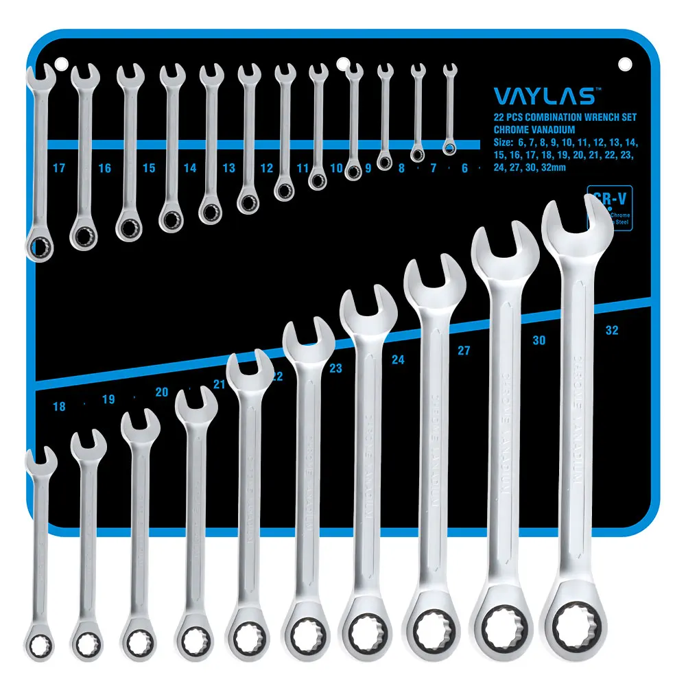 22pcs Matte Fixed Head Ratchet Wrench Set Dull Polished 72T and Open End High Torque Spanner Set Combination Repair Hand Tools