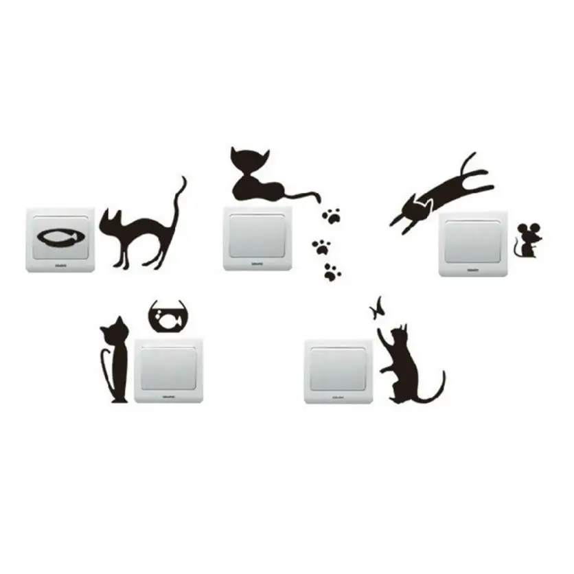 Стикеры Настенные на стену 5 шт. съемная милая кошка Настенная Наклейка для переключателя мультяшная кошка и мышь виниловая наклейка домашний декор