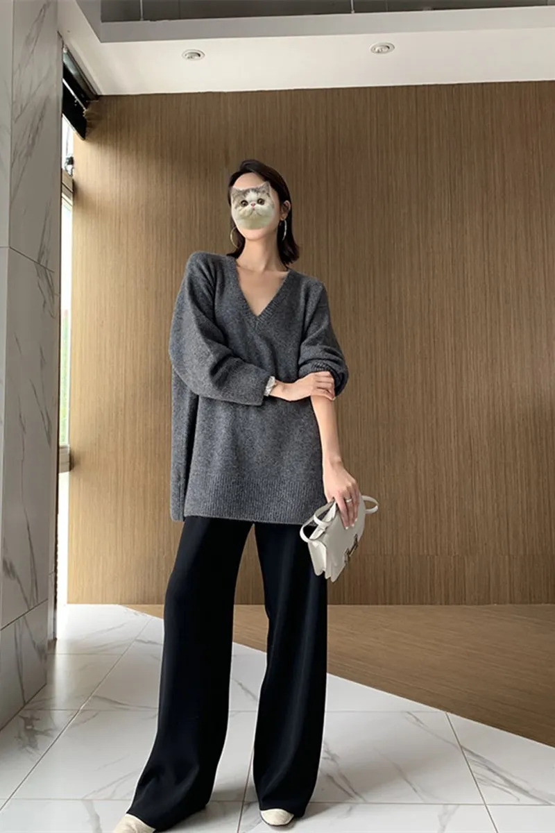 

High quality cashmere sweater women's V-neck loose lazy sweater women's soft waxy thickened twist cashmere women's sweater