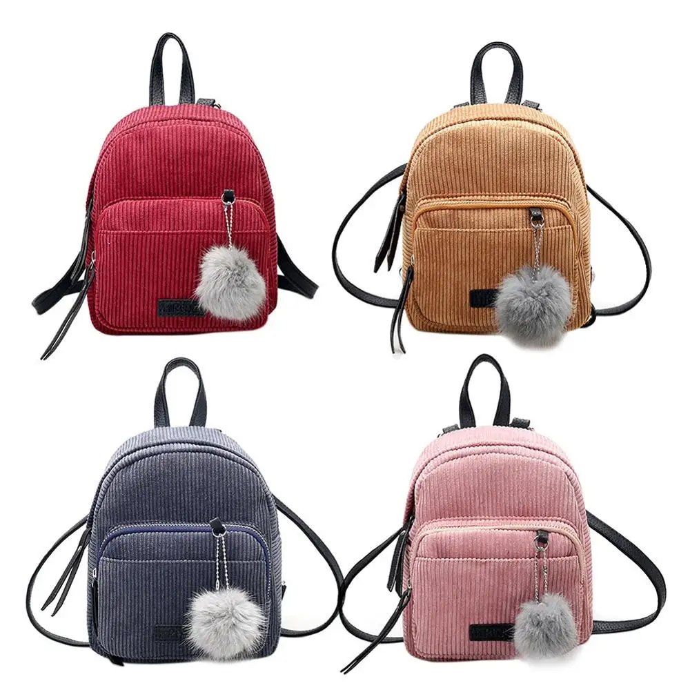 

Girl Mini Backpack Women Pompom Ball Solid Color Corduroy Small Backpack Autumn Winter Teenage Travel School Bag