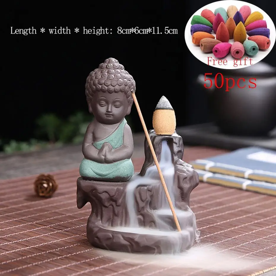 

50pcs Incense Cones + 1Pc Burner The Little Monk Small Buddha Censer Ceramic Waterfall Backflow Incense Burner Holder Home Decor