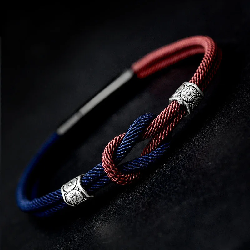 

Hot Tibetan Buddhism 925 Silver Sterling Prayer Buddhism Bracelet Double Knot Woven Bracelet Handmade Amulet Jewelry