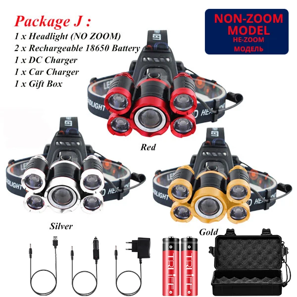 Package J Светодиодный налобный фонарь для рыбалки, ультра яркий, 5T6, налобный светильник с зумом, 18650, налобный фонарь, 4 режима, перезаряжаемый, налобный светильник для кемпинга - Испускаемый цвет: Package J