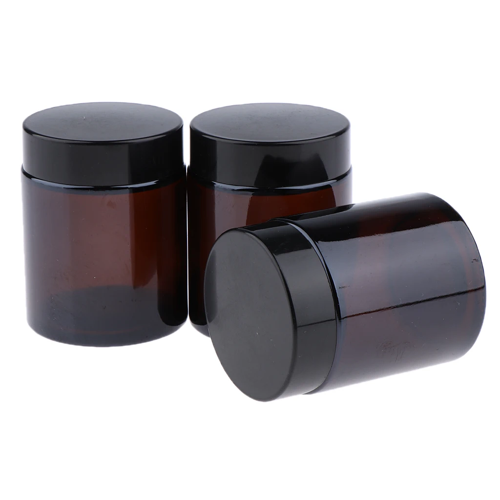 

100ml Empty Amber Round Glass Jars with White Inner Liners and Black Lids, High End Glass Containers for Salve Cream 3 Pack