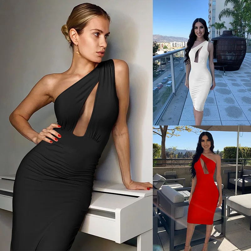 Женское платье-миди с одним открытым плечом до колена | Женская одежда