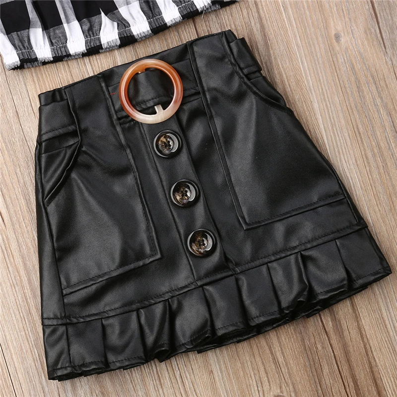 Летняя Клетчатая рубашка принцессы + юбка из искусственной кожи 2 шт. комплекты