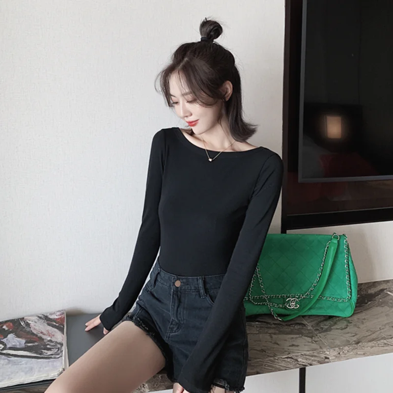

Autumn 2020 new elegant sexy round neck bottoming shirt female large size U open back long sleeve all-match slim top