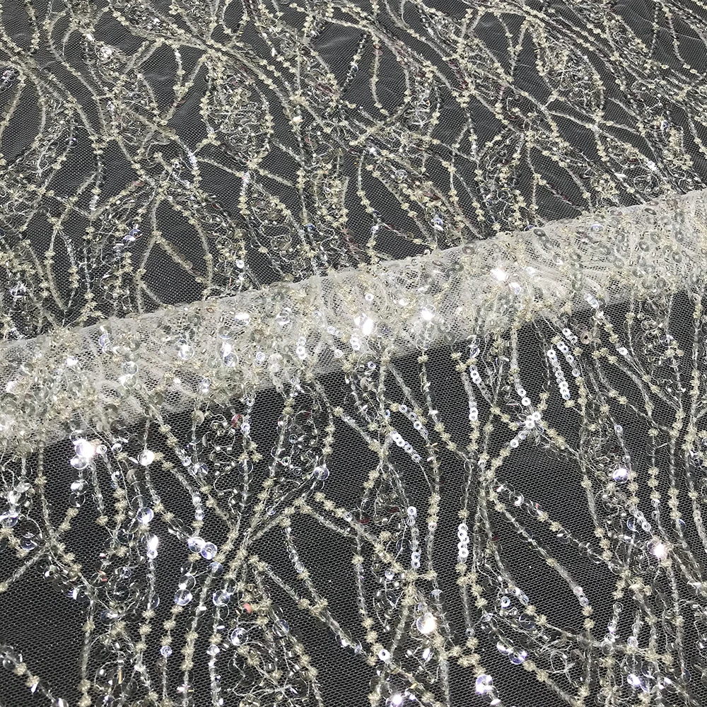 

African Swiss Voile Bridal Transparent Mesh Beaded Embroidery Tulle Lace Fabric with Sequins by the Yard Wedding Dress Material