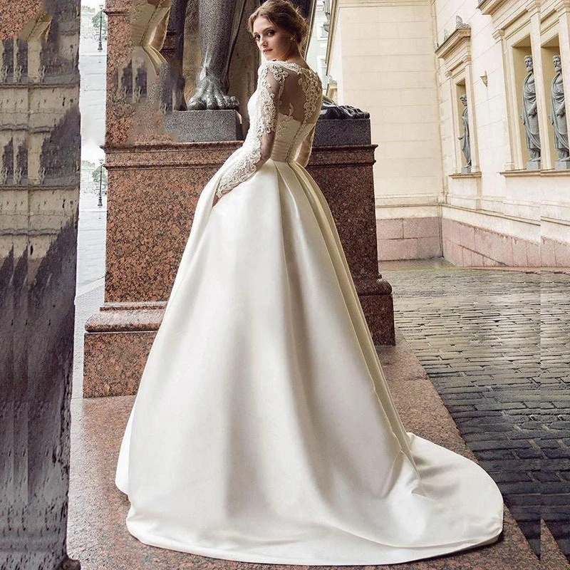 Elegant Wedding Dress Matte Satin With Train O-neck Full Sleeve In Bride Gowns Button Appliques With Plus Size З Улікам