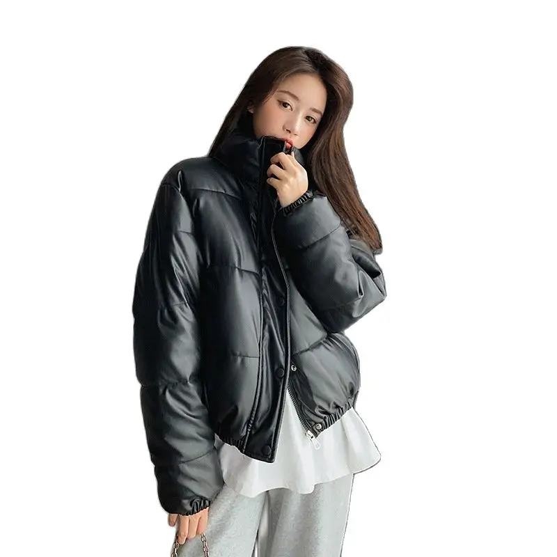 New Thick Women's Jackets Autumn 2022 Short Stand-UP Collar Korean Fashion Female Jacket PU Leather Disposable Cotton Jacket