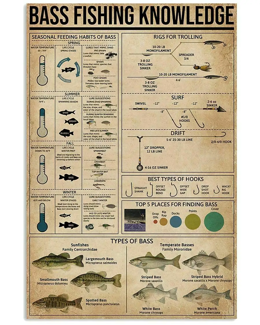 

Bass Fishing Knowledge Gift for Father Unframed Wall Decor Artwork Print Poster Metal Retro Vintage Tin Sign Bar Wall Decor