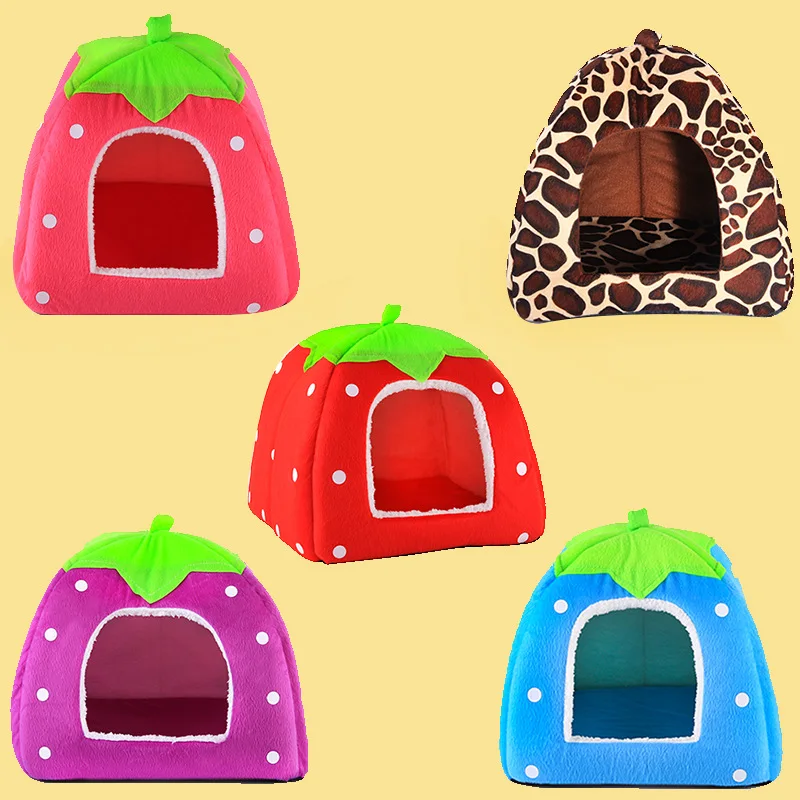 Soft Strawberry Pet Dog Cat House Comfortable Kennel Doggy Bed Foldable Fashion Cushion Basket Cute Animal Cave Products | Дом и сад