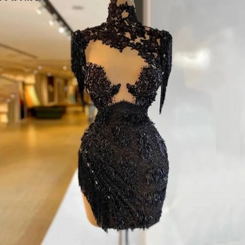 

Hot Sexy Prom Dress 2021 High Neck Sequined Evening Dress Short Knee Length Applique Custom Made vestido de curto