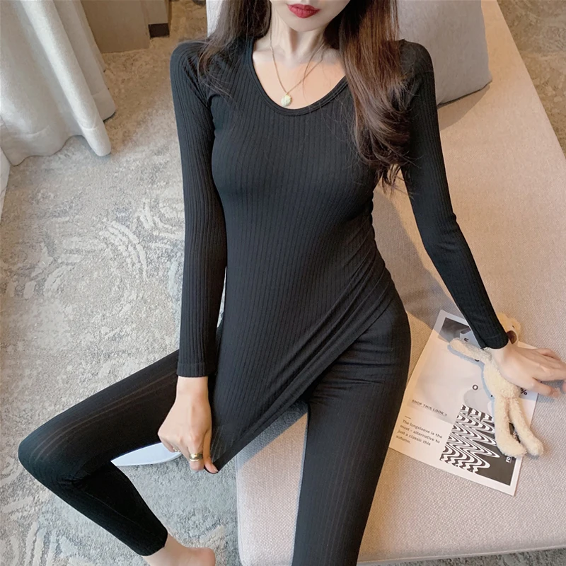 

2020 winter solid Knitted sweater + knitted pants 2pcs Fashion Suit Women Thermal underwear set female black slim body clothes