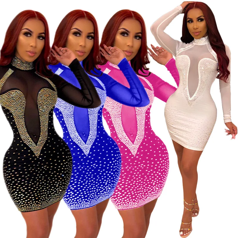 

2019 Autumn New Women Dress Long Sleeve Sexy Diamonds Mesh Perspective Party Dress