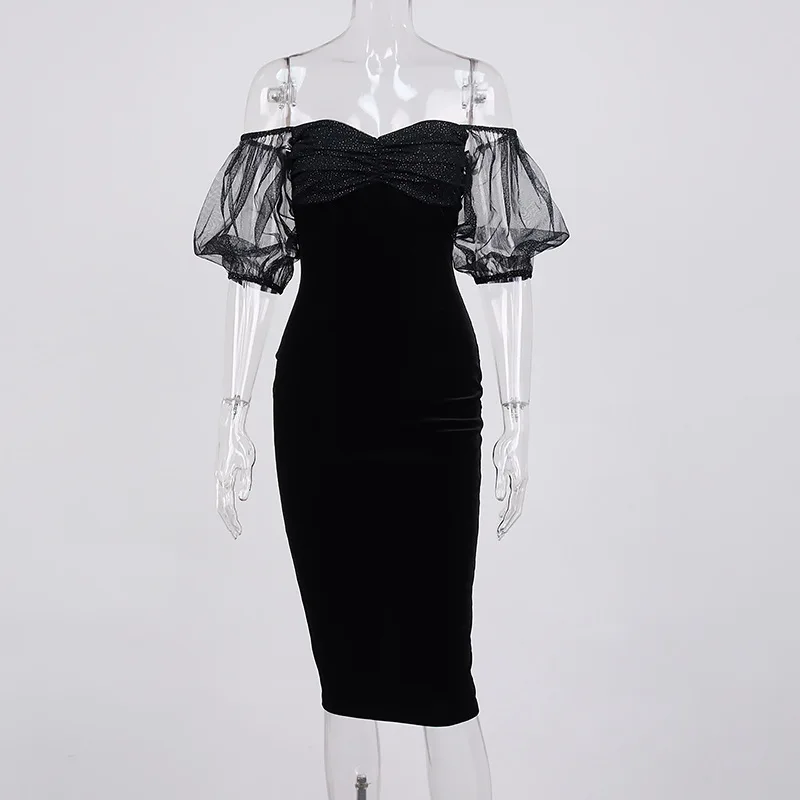 

and the United States 2021 spring women's new sexy fashion velvet bubble short sleeve one neck tight bag hip dress