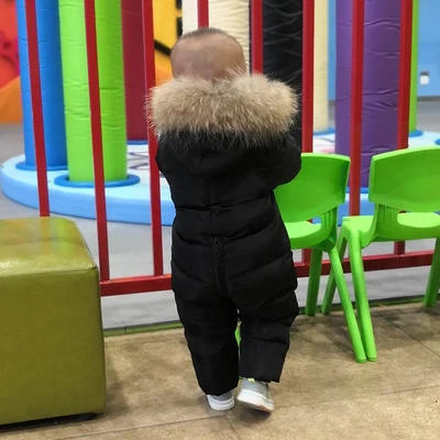 Зимний Детский комбинезон с большим меховым воротником и капюшоном для девочек и мальчиков, зимний комбинезон на утином пуху для девочек, зимняя куртка, пальто, парка зимняя одежда для маленьких мальчиков