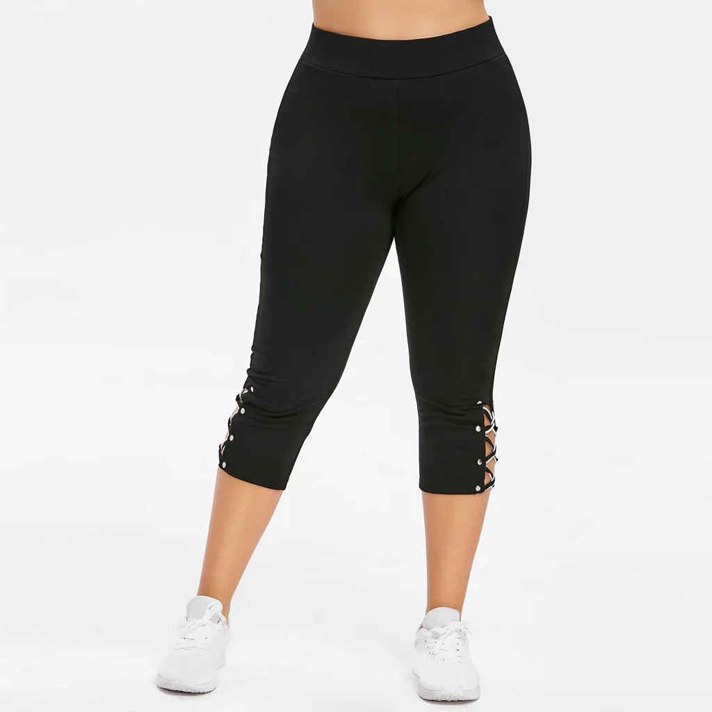 Plus Size Fashion Leggings Women Ripped Plaid Panel Solid Hollow Out Elastic Waist Casual Workout Leggins Pants Mujer