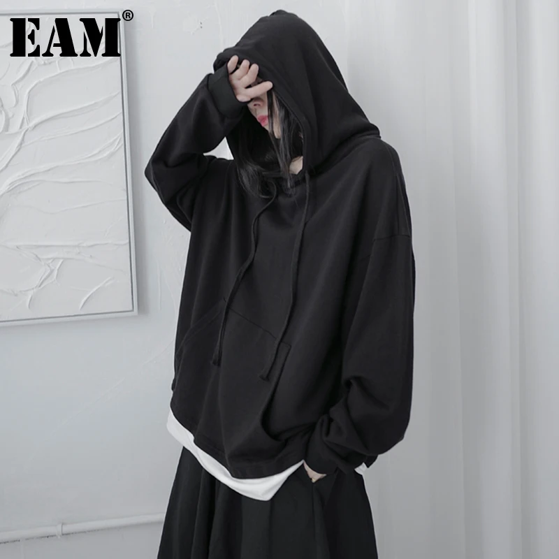 

[EAM] Loose Fit Black Contrast Color Sweatshirt New Hooded Long Sleeve Women Big Size Fashion Tide Spring Autumn 2021 1DD7034