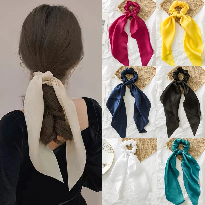 

Fashion Solid Color Satin Bow Scrunchies Headband Ribbon Hair Ring Femme Ponytail Tie Hair Ropes Korean Hairbands Women Headwear