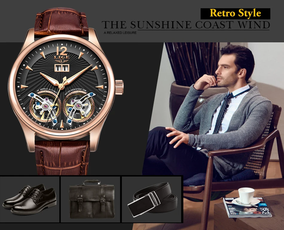 Reloj Hombres LIGE, мужские часы с двойным турбийоном и кожаным ремешком, Топ бренд, Роскошные автоматические механические Спортивные часы, мужские наручные часы