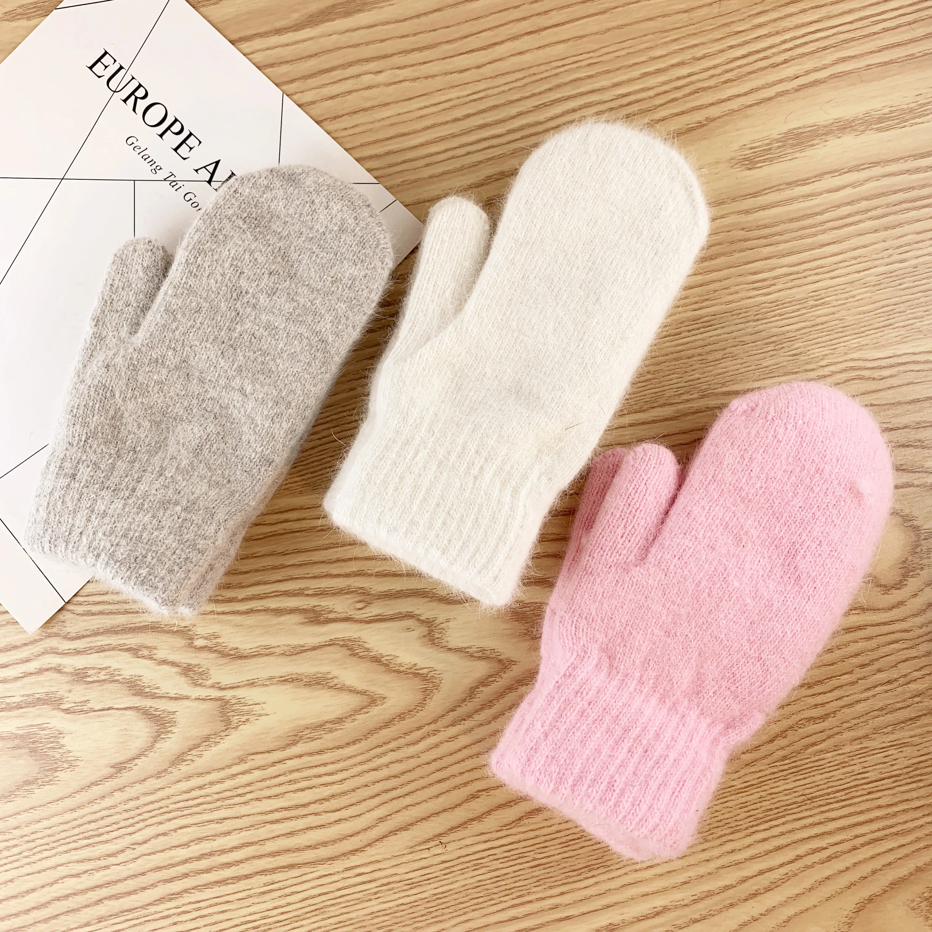 

winter Double-layer rabbit hair gloves female Korean version of solid color all fingers women gloves girls mittens