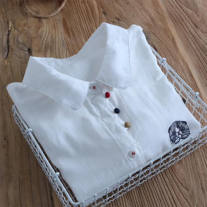 

Japan Style Mori Girl Turndown Collar Color Button White Shirt Cute Cat Embroidery Long Sleeve Women Blouse