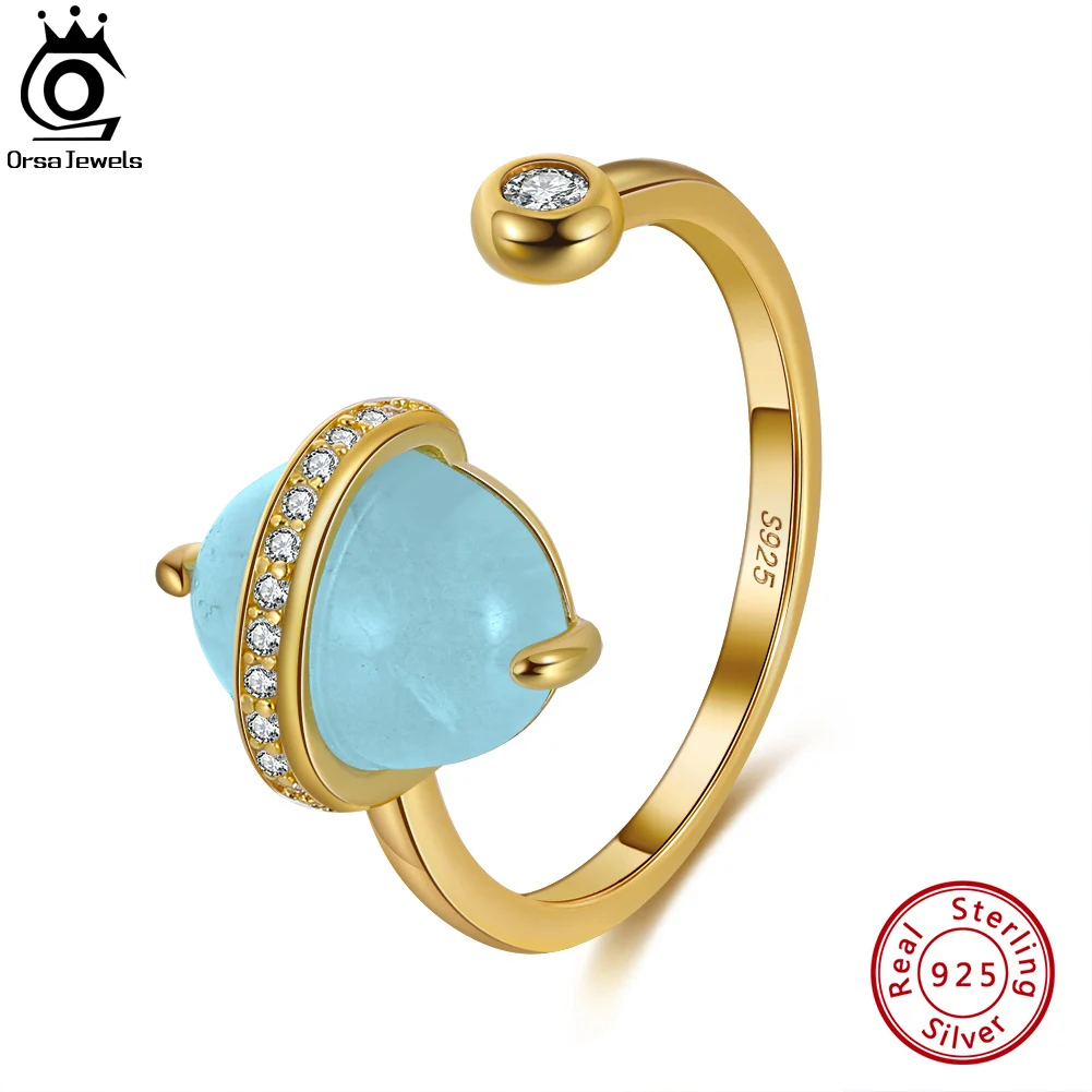 

ORSA JEWELR Natural Aquamarine Gems Adjustable Ring 925 Silver U-shaped Open Rings Female Wedding Jewelry Festival Gifts GME03