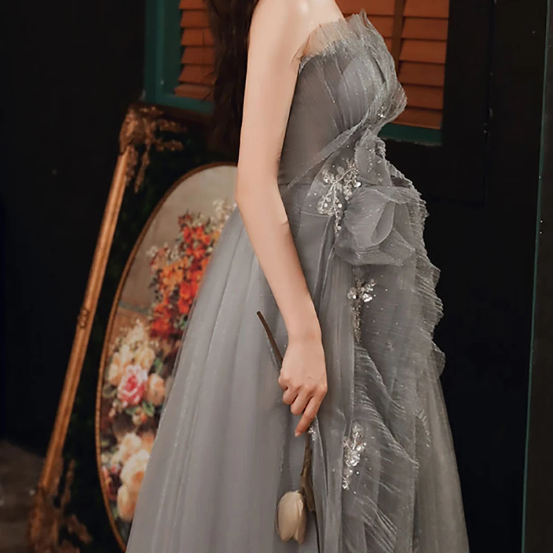 

New Evening Dresses Strapless A-line Floor-length Simple Appliques Bling Sleeveless Elegant Lace Woman Formal Party Dress A342